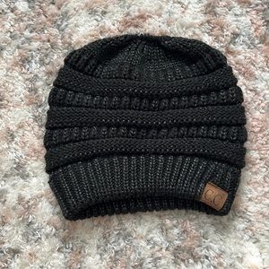 C.C Black Beanie with Pony Holder